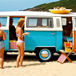 **Image Prompt:** A cozy, vibrant gathering of people around a vintage Volkswagen Kombi van, perhaps at a beach or park. The atmosphere should convey a sense of shared passion, friendship, and the joy of connecting over a common interest. Include elements of classic Portuguese culture, like traditional snacks or drinks, to emphasize the local setting.