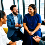 A diverse group of people, fully clothed in modest, professional attire, enthusiastically collaborating in a modern, brightly lit co-working space. They are engaged in lively discussion, some gesturing, some looking at shared screens, fostering a sense of genuine connection. A vibrant, clean, and spacious co-working environment with natural light, comfortable seating, and subtle technological elements. Professional photography, sharp focus, vibrant colors, high detail, perfect anatomy, correct proportions, well-formed hands, proper finger count, natural body proportions, natural pose, safe for work, appropriate content, fully clothed, professional dress, family-friendly.