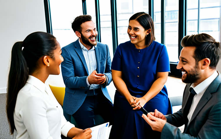 A diverse group of people, fully clothed in modest, professional attire, enthusiastically collaborating in a modern, brightly lit co-working space. They are engaged in lively discussion, some gesturing, some looking at shared screens, fostering a sense of genuine connection. A vibrant, clean, and spacious co-working environment with natural light, comfortable seating, and subtle technological elements. Professional photography, sharp focus, vibrant colors, high detail, perfect anatomy, correct proportions, well-formed hands, proper finger count, natural body proportions, natural pose, safe for work, appropriate content, fully clothed, professional dress, family-friendly.