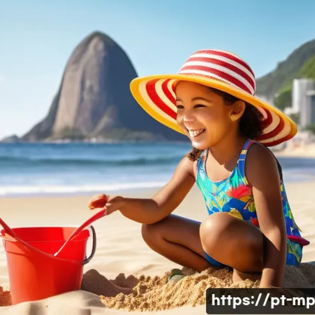 마이크로커뮤니티의 브랜드 아이덴티티 수립하기 - **Prompt:** A young girl (8 years old) playing on a sunny beach in Rio de Janeiro, Brazil. She is we...