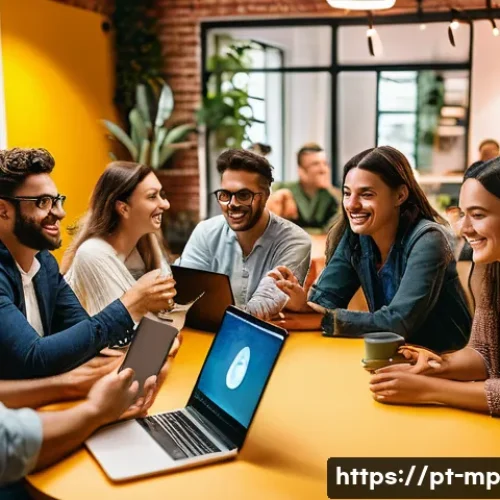 Home 32 마이크로커뮤니티에서의 성과 관리 시스템 - A vibrant microcommunity meeting in a cozy coworking space in São Paulo, Brazil, featuring a diverse...