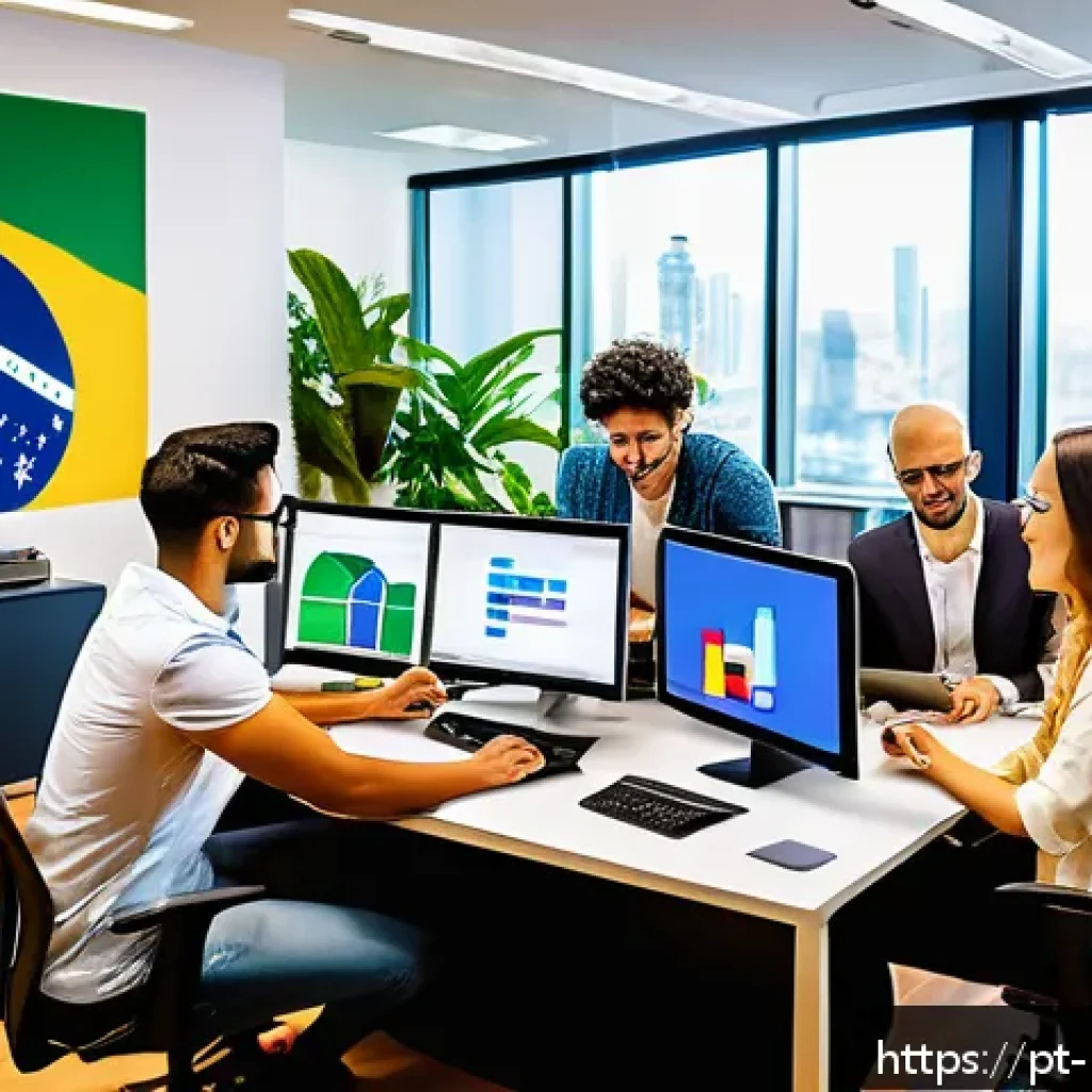 마이크로커뮤니티의 전환율 측정하기 - A vibrant digital workspace scene showing a diverse group of young Brazilian marketing professionals...