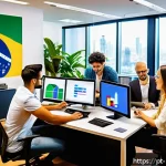 Home 18 마이크로커뮤니티의 전환율 측정하기 - A vibrant digital workspace scene showing a diverse group of young Brazilian marketing professionals...