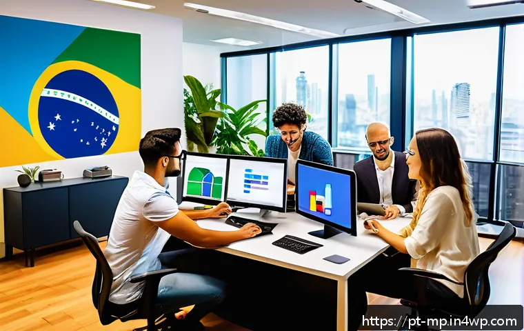 마이크로커뮤니티의 전환율 측정하기 - A vibrant digital workspace scene showing a diverse group of young Brazilian marketing professionals...