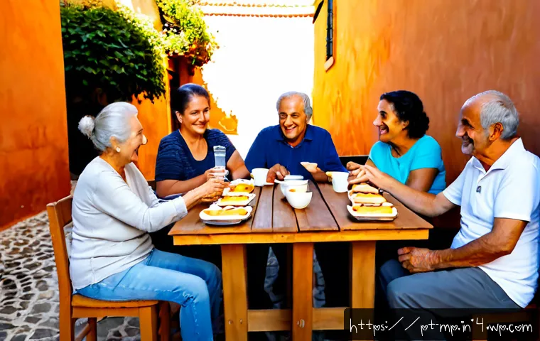 Home 17 마이크로커뮤니티의 소속감 증진 방법 - Photorealistic community gathering in a sunny Portuguese neighborhood courtyard, a diverse group of ...